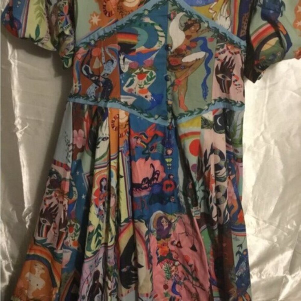 Green Art Puff Sleeve Corset Linen Abstract Floral A- Line Midi Dress XL - Picture 12 of 16